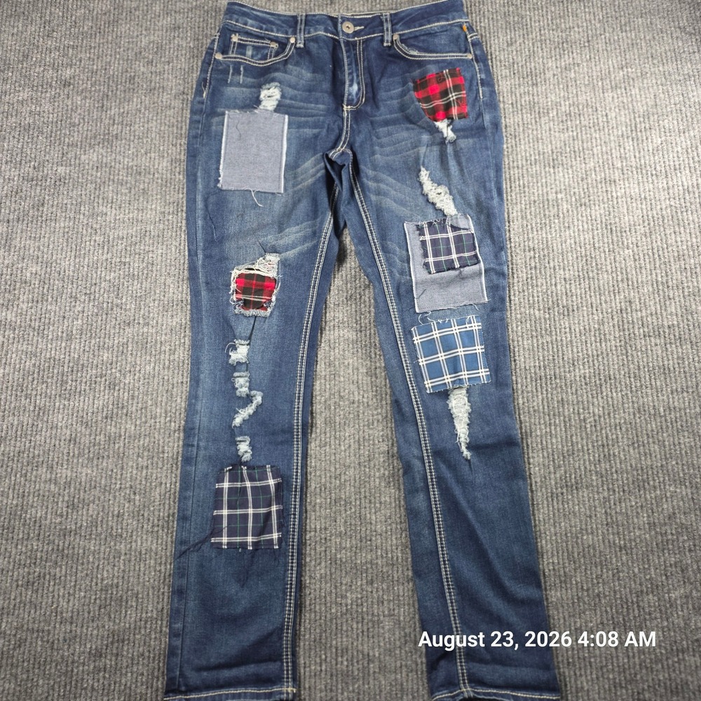 JW Style Distressed Patchwork Plaid Denim Jeans Womens 10 Blue Straight Leg